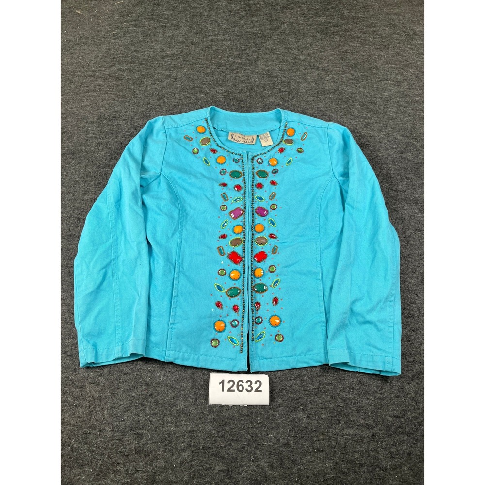 Life Style Textured Jacket Womens Medium Blue Cotton Gemstone Crew Neck Winter